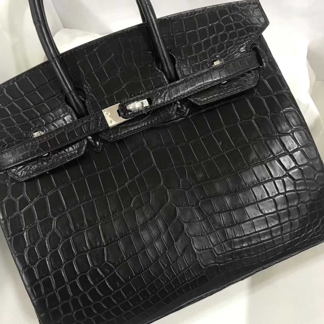 エルメスバーキンバッグエルメスブラックマットクロコダイルレザープラチナバッグBirkin25CMシルバーバックル