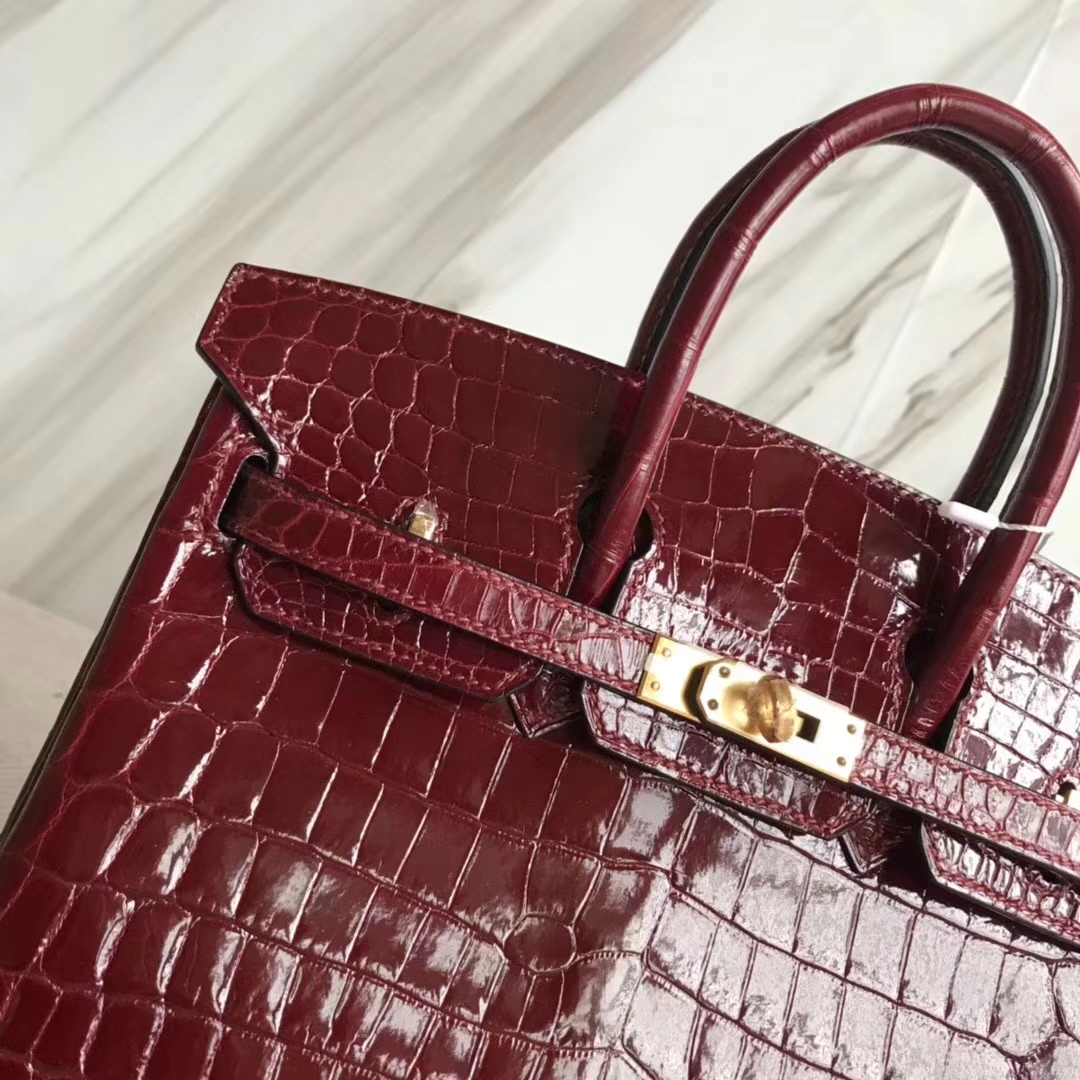 エルメスバーキンバッグエルメスシャイニークロコダイルレザープラチナバッグBirkin25CMF5ブルゴーニュワインレッドゴールドバックル