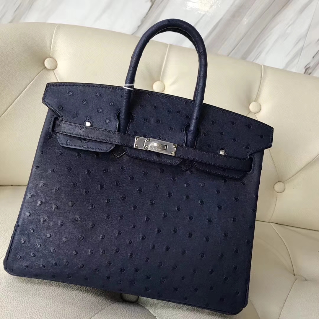 広州白雲皮具城エルメスエルメスCK73サファイアブルーKKオーストリッチレザープラチナバッグBirkin25CMシルバーバックル