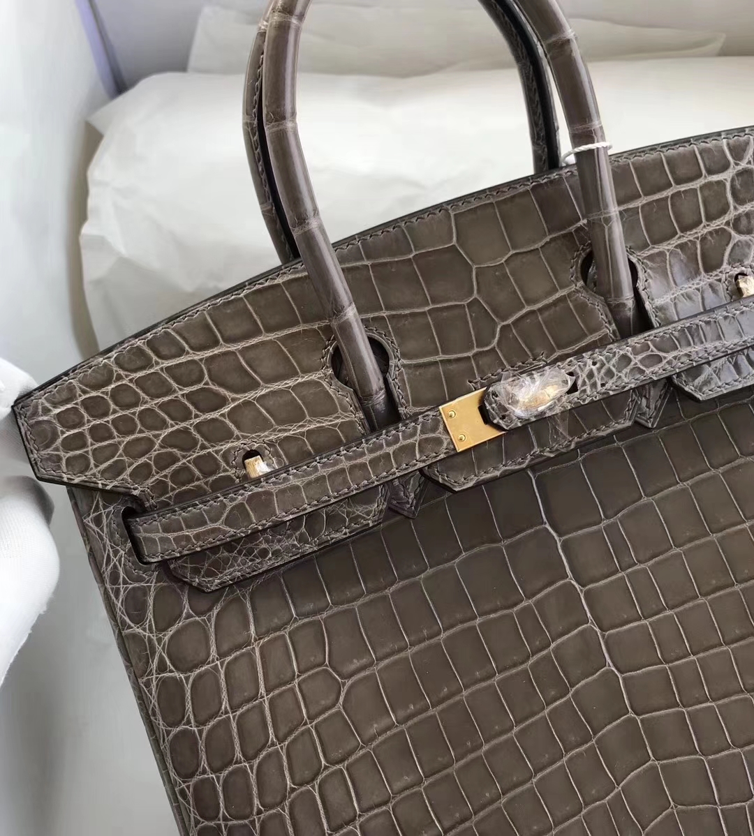 スポットエルメスバッグ公式サイトエルメスCK81タートルドーブグレー光沢クロコダイルレザーBirkin25プラチナバッグゴールドバックル