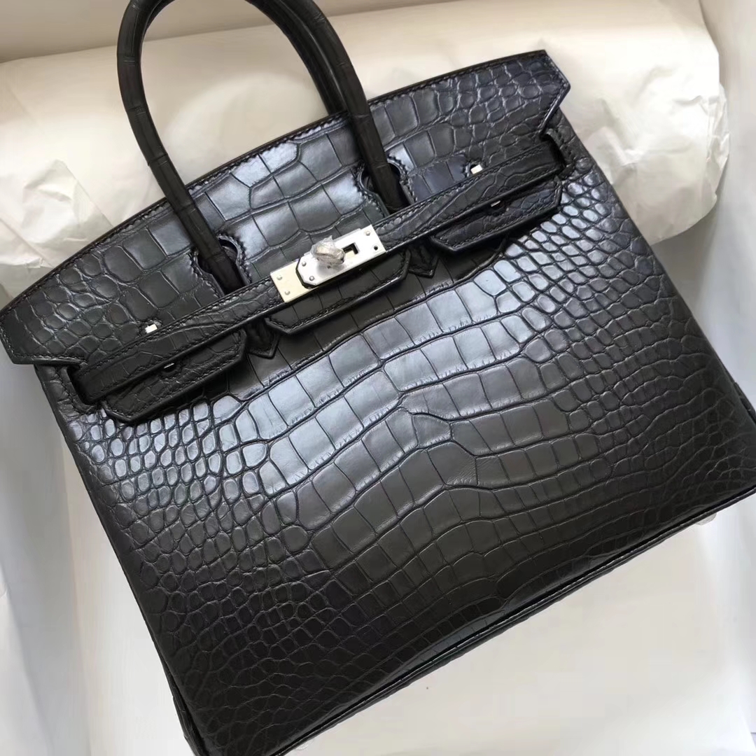 スポットエルメスBirkin25CMエルメスck89ブラックマットクロコダイルレザープラチナバッグシルバーバックル