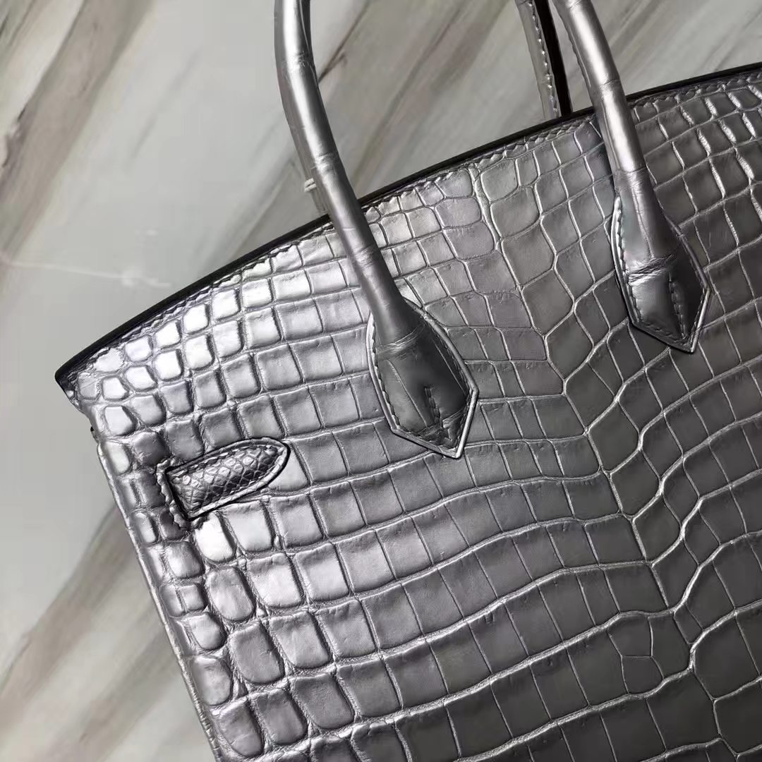 カスタムエルメスクロコダイルレザープラチナバッグエルメスBirkin25CMシルバートップクロコダイルレザー手縫いシルバーバックル