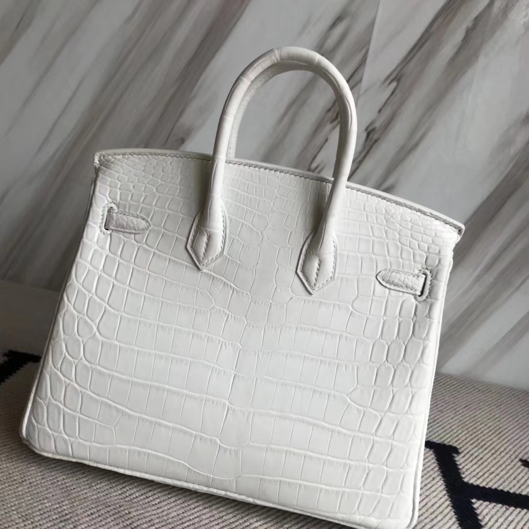 エルメスBirkin25CMエルメス輸入マットクロコダイルレザープラチナバッグ01ピュアホワイトシルバーバックル