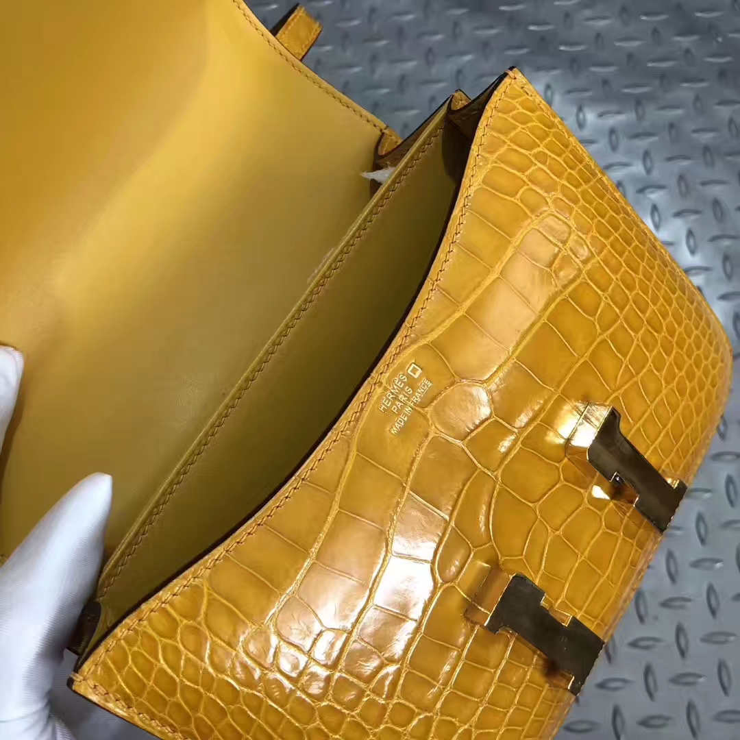スポットエルメスコンスタンスバッグ18CMエルメスシャイニークロコダイルスキンコンスタンスバッグ9Dアンバーゴールドバックル
