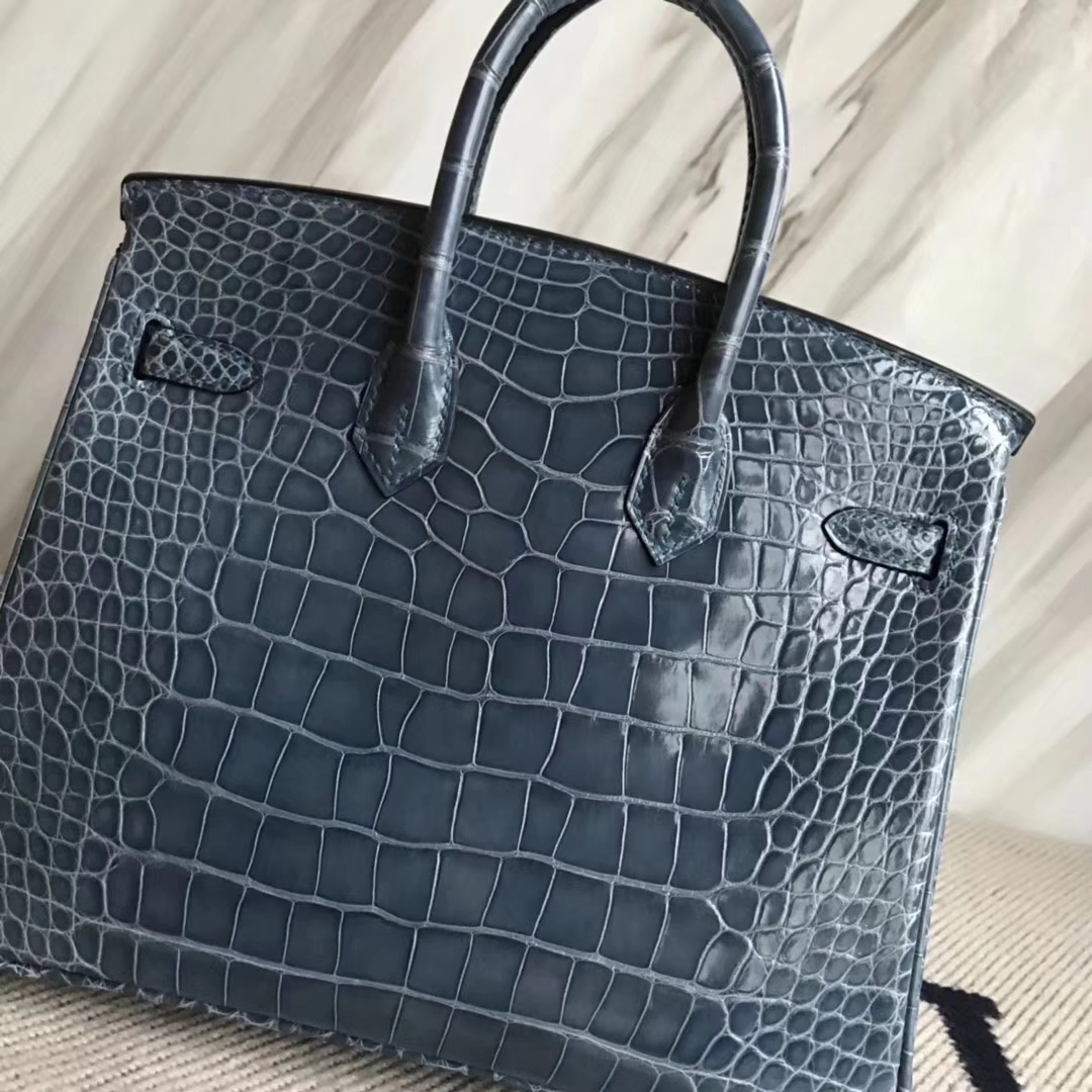 広州バッグ卸売エルメス1Pダックブルー光沢のあるクロコダイルレザープラチナバッグBirkin25CMゴールドバックル