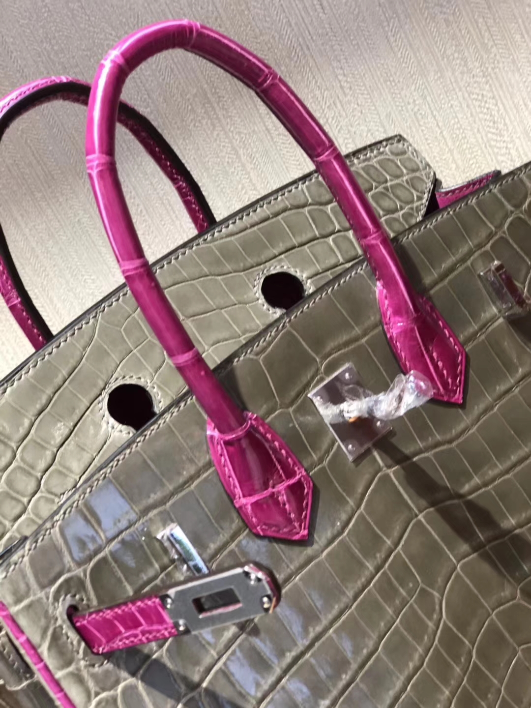 エルメスカラーマッチングプラチナバッグBirkin25CMCK81タートルドーブグレー/J5アラビアンナイトピンクパープルシャイニークロコダイルレザー