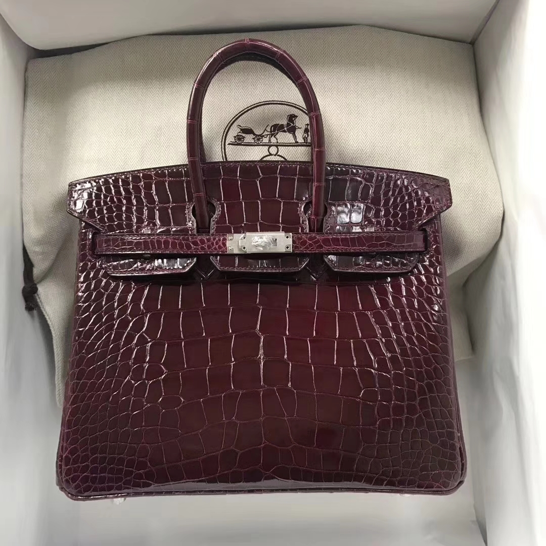 スポットエルメスバッグソースエルメスクロコダイルレザープラチナバッグBirkin25CMCK57ボルドーレッドゴールド/シルバーバックル