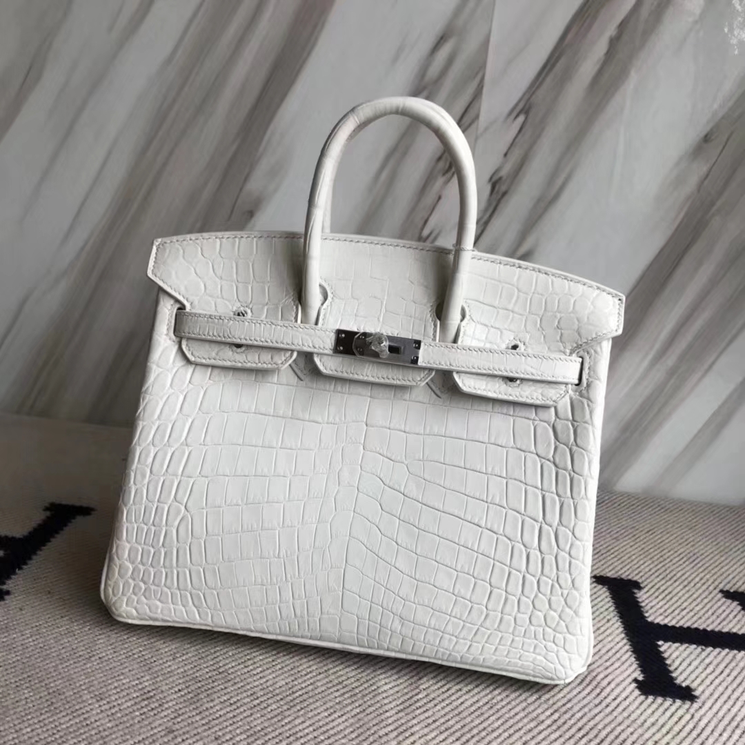 エルメスBirkin25CMエルメス輸入マットクロコダイルレザープラチナバッグ01ピュアホワイトシルバーバックル