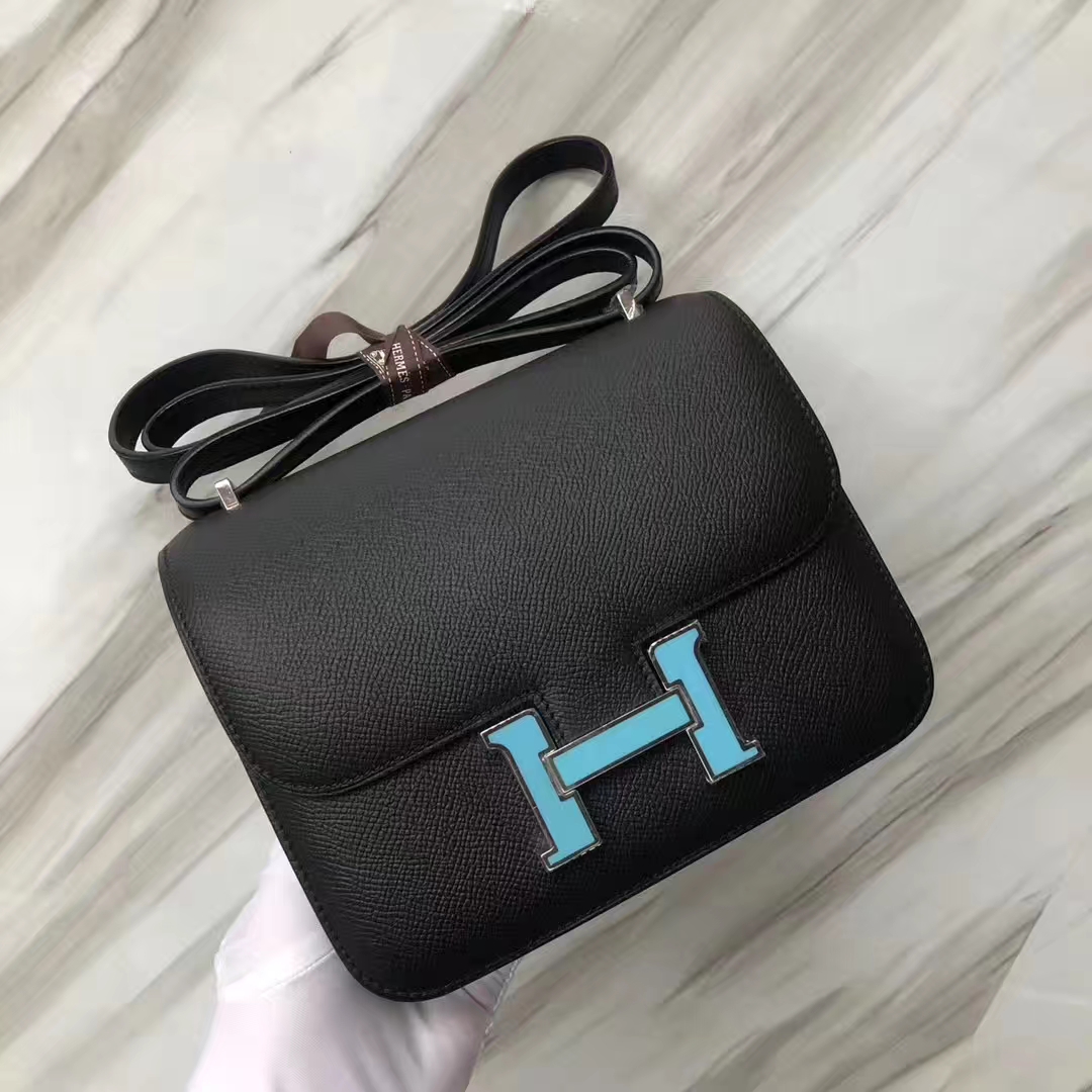 スポットエルメスコンスタンス18CMエルメススチュワーデスバッグCK89ブラックエプソムレザーマカロンエナメルバックル