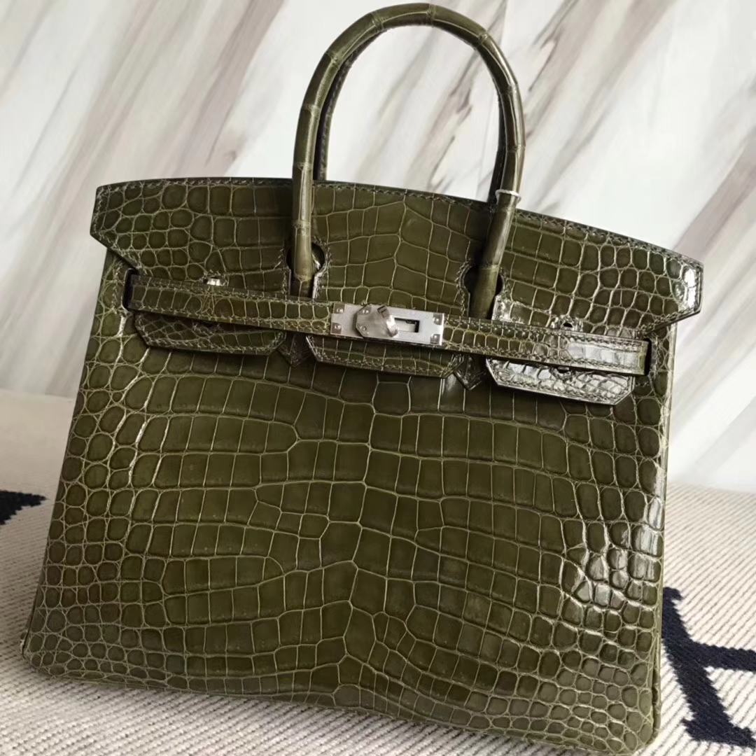 エルメスBirkin25CMエルメス輸入光沢クロコダイルレザープラチナバッグ6Hオリーブグリーンシルバーバックル